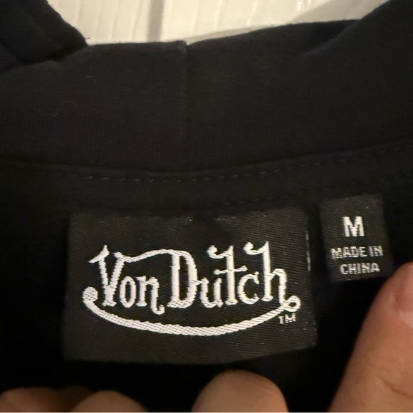 Women’s Von Dutch Cropped Black/Tan Logo Hoodie- Size M - Picture 2 of 7